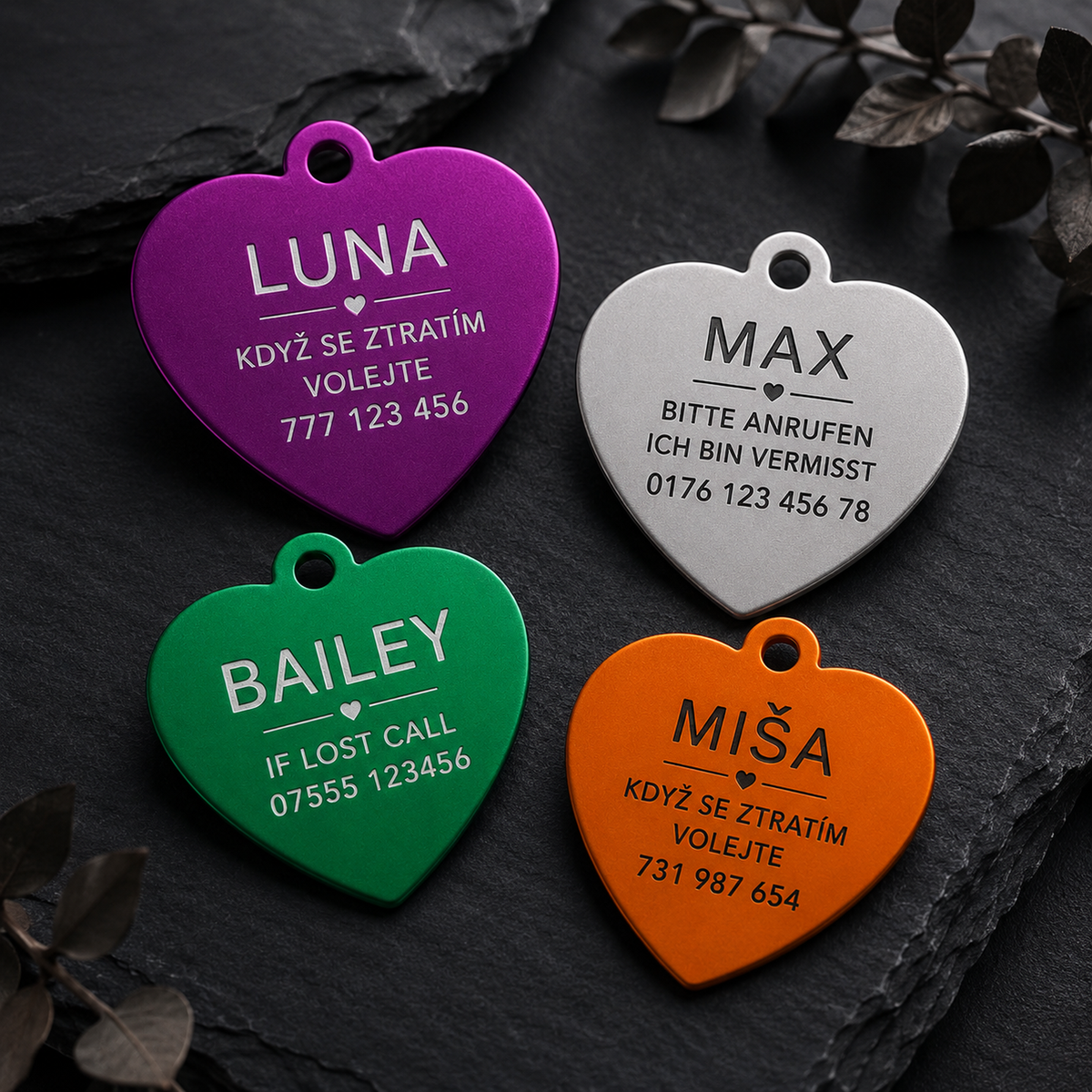 Dog Tag – 35 × 31 mm – aluminium – heart-shaped pet tag with engraving