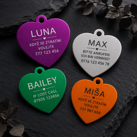 Dog Tag – 35 × 31 mm – aluminium – heart-shaped pet tag with engraving