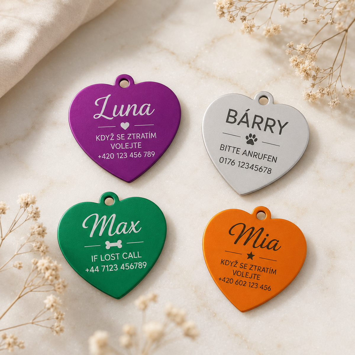 Dog Tag – 35 × 31 mm – aluminium – heart-shaped pet tag with engraving