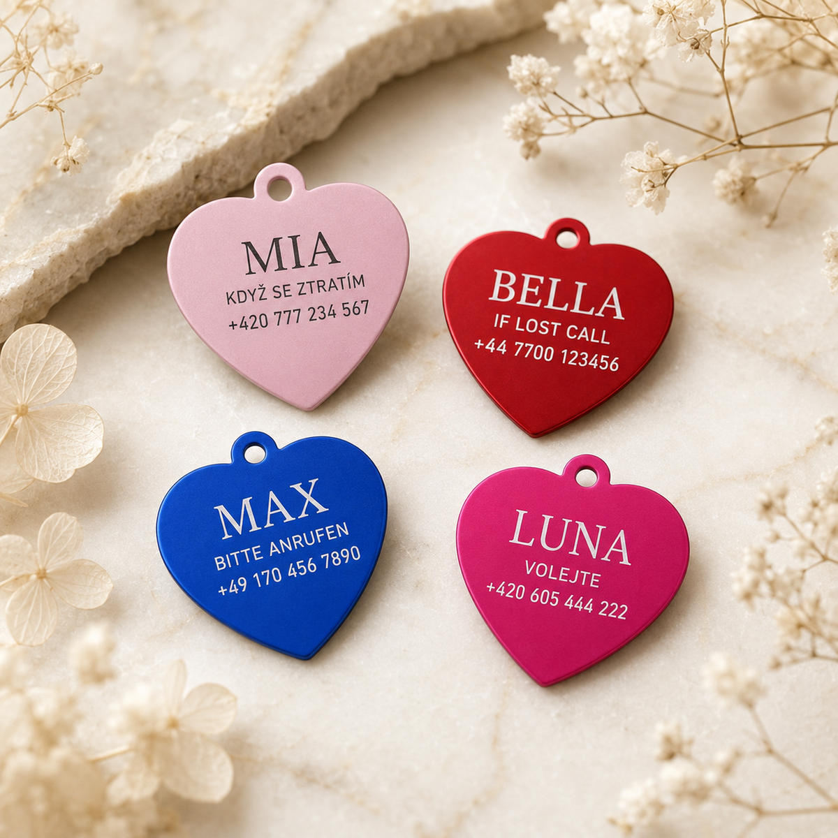 Dog Tag – 35 × 31 mm – aluminium – heart-shaped pet tag with engraving