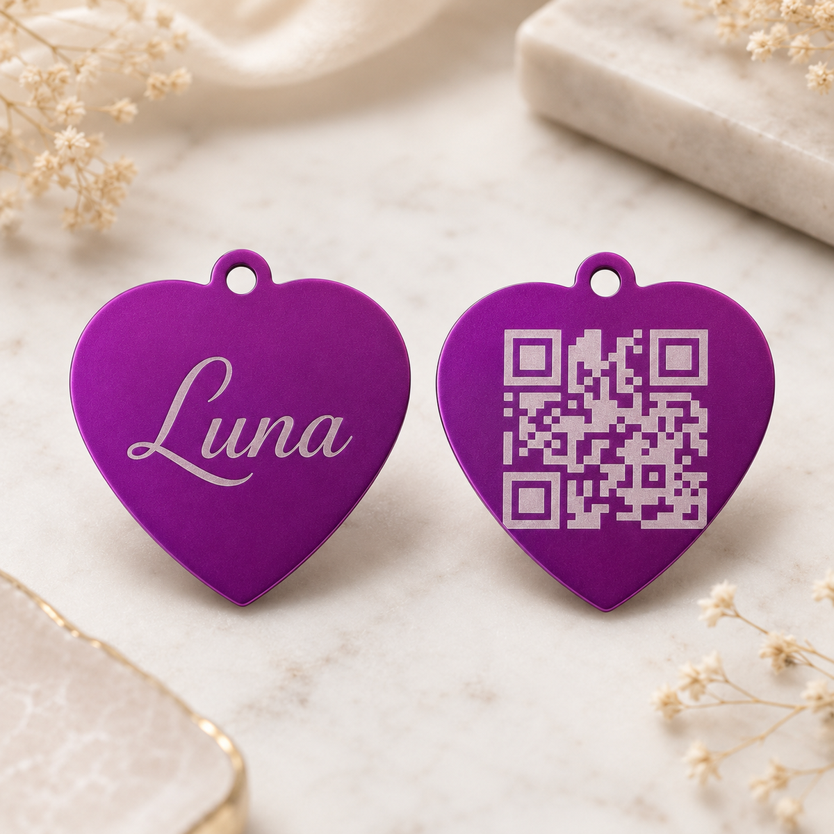 Dog Tag – 35 × 31 mm – aluminium – heart-shaped pet tag with engraving