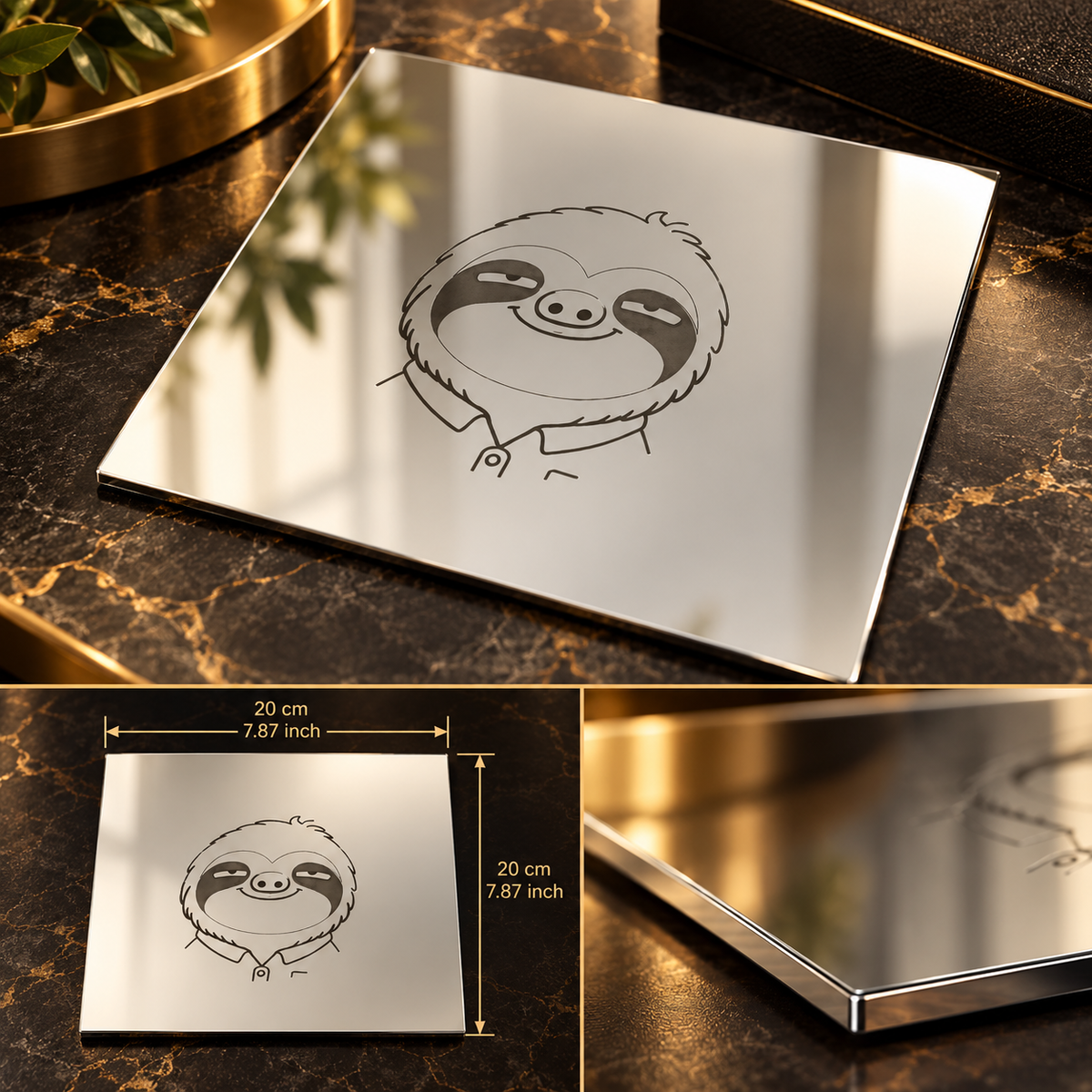 Zrcadlo Slothana s motivem SLOTH a gravírováním, rozměr 200 × 200 mm.