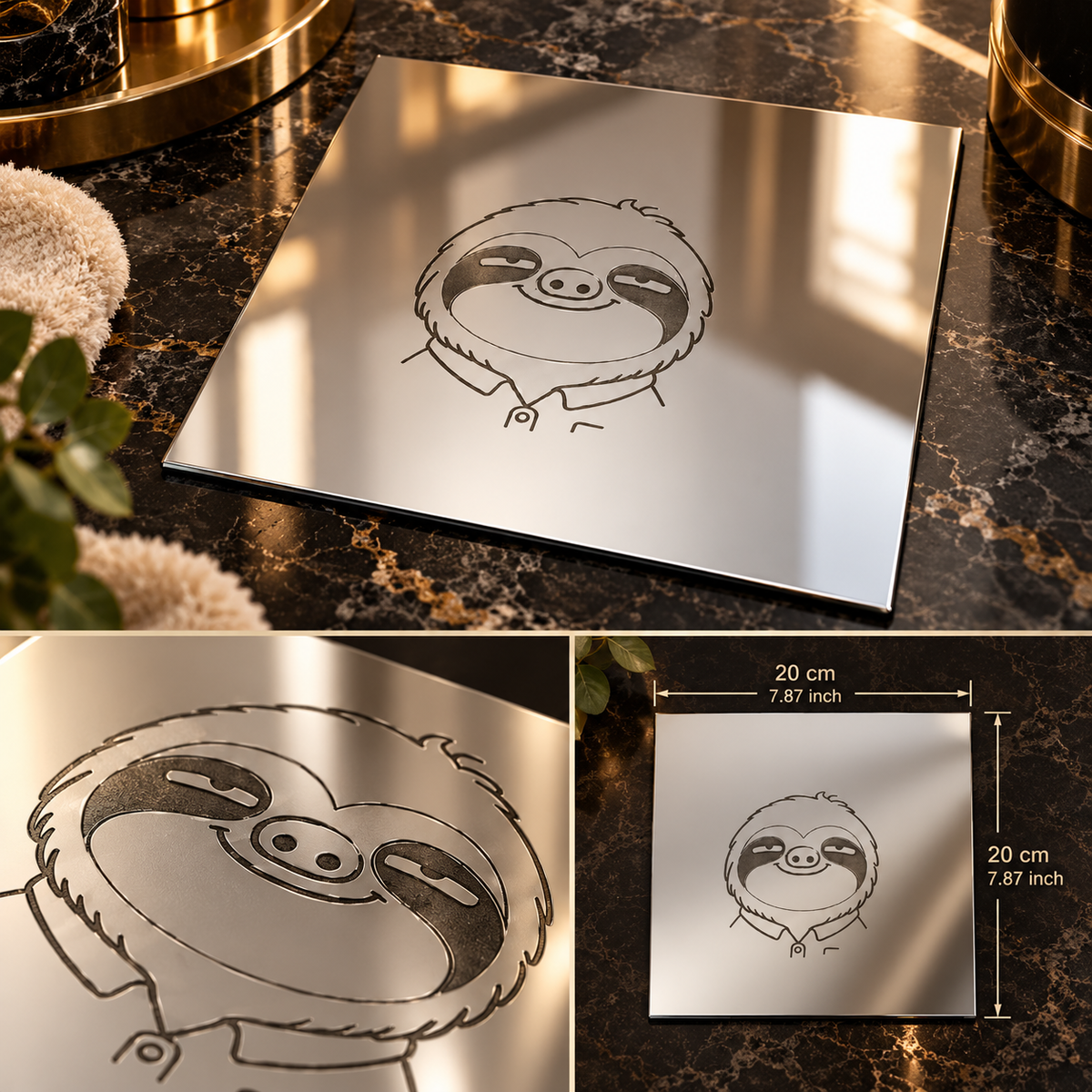 Zrcadlo Slothana s motivem SLOTH a gravírováním, rozměr 200 × 200 mm.